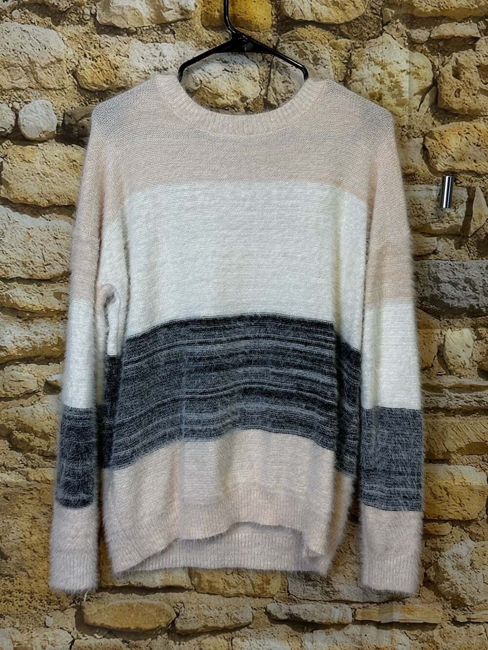 SHEIN LUNE Women's Fuzzy Color Block Striped Crew Neck Sweater